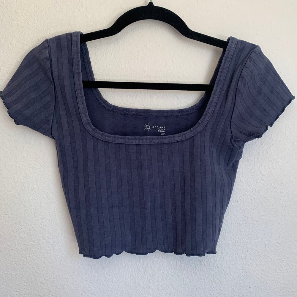 NWT Aerie Offline Square Neck Lettuce Hem Ribbed Crop Top in Blue
